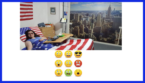 Emma in herr bed with emojis underneath