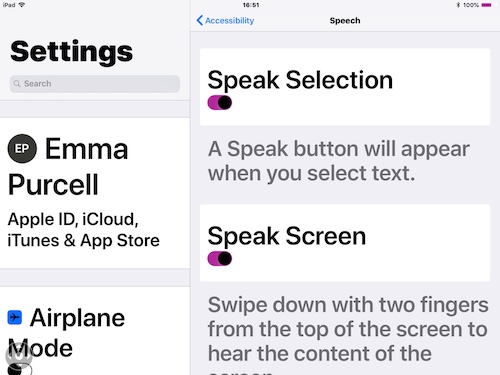 Screenshot - Settings, Speak Selection, Speak Screen