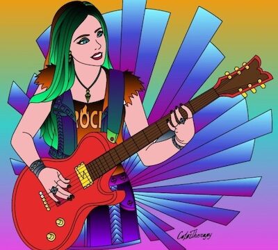 Female rock musician playing guitar from colouring book app