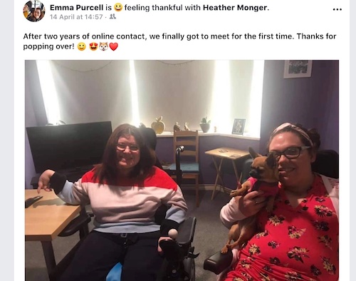 Facebook screenshot - Emma Purcell - After two years of online contact, we finally got to meet for the first time. Thanks for popping over! 🙂 😍🐶❤️ image of Emma & Heather together