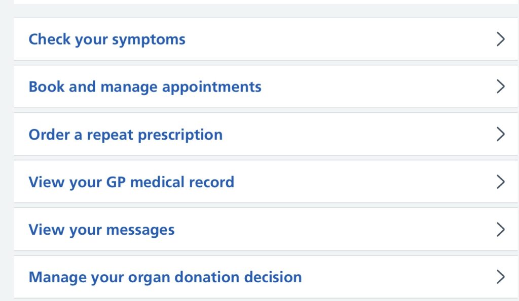 NHS app homepage