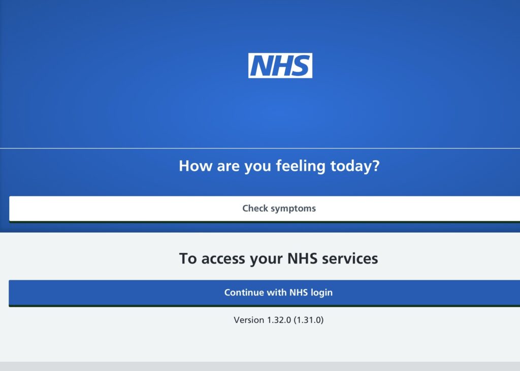 NHS App login screen