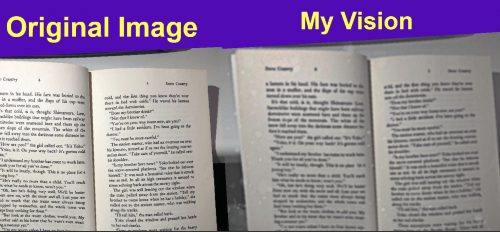 Left image: Original image - picture of book pages. Right image: My vision - picture of book pages blurred
