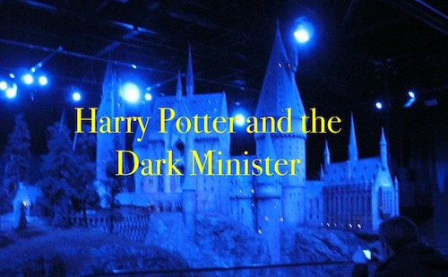 Picture of Hogwarts castle with text saying Harry Potter and the Dark Minister